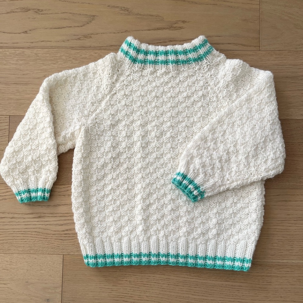 Hand Crafted Cream Knit Sweater with Mint Green Trim